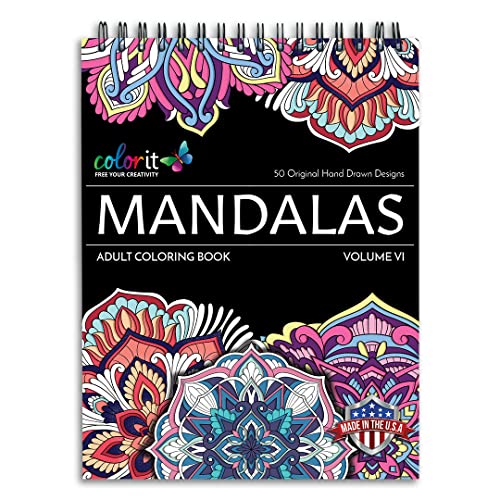 ColorIt Mandalas to Color Volume VI, Spiral Bound Adult Coloring Book, 50 Mandala Designs with Perforated Pages, Hardback Cover, Ink Blotter | for Arts and Crafts, Mandalas Coloring Books for Adults