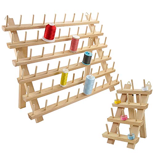 New brothread 60 Spools + 12 Spools Wooden Thread Rack/Thread Holder Organizer with Hanging Hooks for Embroidery Quilting and Sewing Threads - Mother + Baby Thread Rack