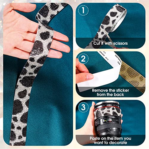 Self Adhesive Rhinestone Diamond Bling Crystal Ribbon Sticker Wrap for Craft Jewel Tape Roll with 2 mm Rhinestones for DIY Car Phone Christmas Decoration (Cow Print)