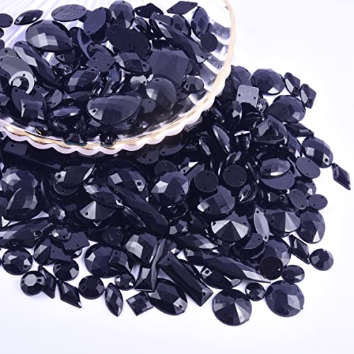 BLINGINBOX 300pcs Sewing Gems Mixed Shapes Crystal Acrylic Sew On Rhinestones with 2 Holes Mixed Sizes Sewing Rhinestones for Clothes Shoes DIY Craft(Black)