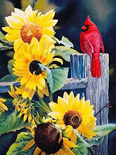 Beaudio Flower Series Diamond Painting Kits for Adults- Sunflower with Cardinals - DIY Round Full Drill 5D Diamond Art for Home Wall Decor(11.8x15.7inch)