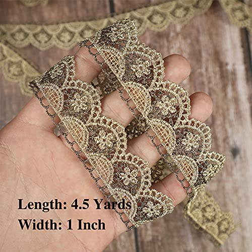Gold Trim Vintage Gold Lace Trim Ribbon, Metallic Sewing Lace Ribbon Embroidery Scallop Edge Lace Fabric for DIY Decorative Crafts, Width 1Inch 4.5 Yards (Semicircle)