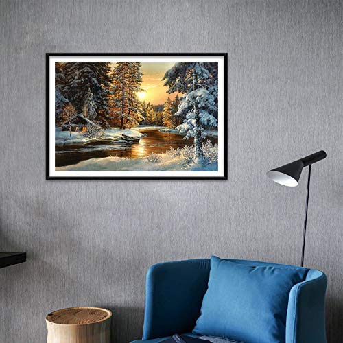 5D Diamond Painting Sunset Forest Cottage in Winter Full Drill by Number, SKRYUIE DIY Rhinestone Pasted Paint with Diamond Set Arts Craft Decorations (10x14inch)