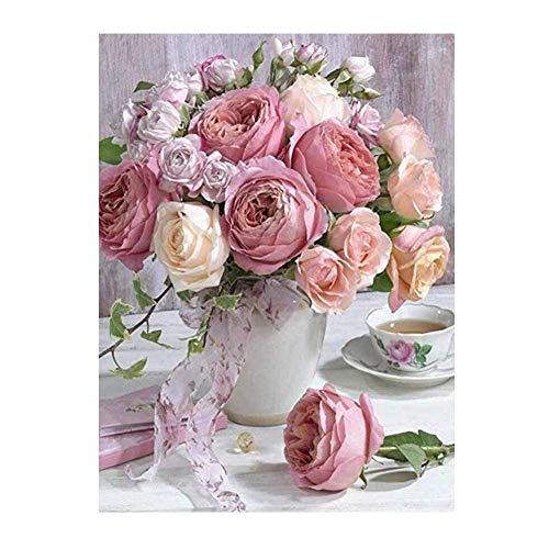 Kimily DIY Paint by Numbers for Adults Kids Pink Rose Paint by Numbers DIY Painting Roses Acrylic Paint by Numbers Painting Kit Home Wall Living Room Bedroom Decoration Pink Rose Flowers in Vase