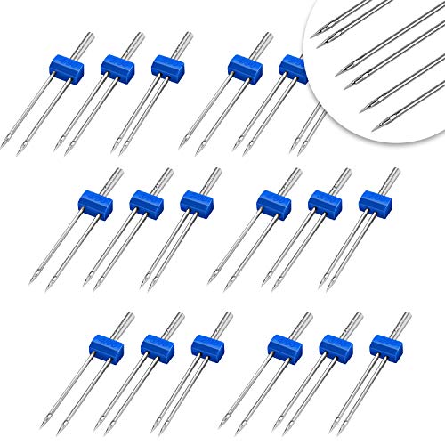 18 Pieces Sewing Machine Twin Needles Double Twin Needles Pins Twin Stretch Needles with Plastic Box, Automatic Needle Threader for Household Sewing Machine, 3 Mixed Sizes 2.0/90, 3.0/90, 4.0/90