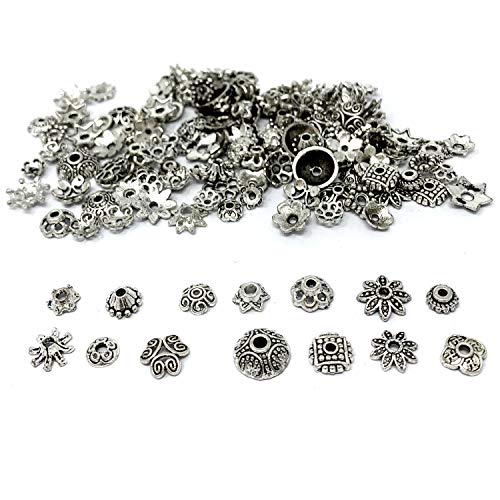 JIALEEY Wholesale Bulk Lots 150Pcs 30 Style Tibetan Silver Bead Caps Mixed for DIY Jewelry Making, Bali Style 5-10mm