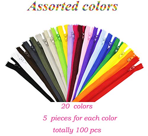 100 Pieces Nylon Coil Zippers, 8 Inch Colorful Sewing Zippers Supplies for Tailor Sewing Crafts(20 Assorted Colors)