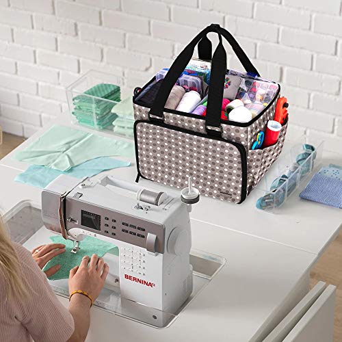 YARWO Sewing Accessories Organizer, Craft Storage Tote Bag with Pockets for Sewing Accessories and Craft Supplies, Gray Dots