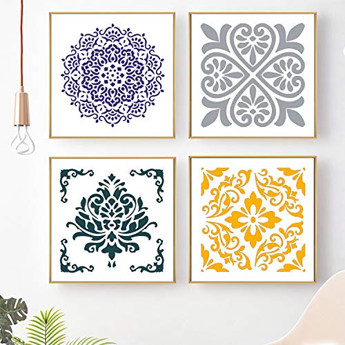 Reusable Mandala Floor Stencil Set of 6 (6 x 6 inch) Painting Stencil, Laser Cut Painting Template Floor Wall Tile Fabric Wood Stencils DIY Decor (White-AA(6 Pack))