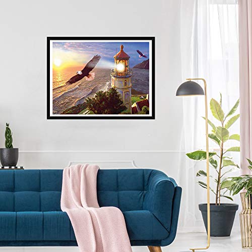 SKRYUIE 5D Full Drill Diamond Painting The Lighthouse Eagle by Number Kits, Paint with Diamonds Arts Embroidery DIY Craft Set Arts Decorations (12x16 inch)