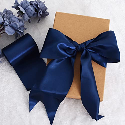 TONIFUL 4 in x 22Yds Wide Navy Blue Satin Ribbon Solid Fabric Large Ribbon for Cutting Ceremony Kit Grand Opening Chair Sash Table Hair Car Bow Sewing Craft Gift Wrapping Wedding Party Decoration