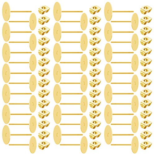 Stainless Steel Earrings Posts Flat Pad (2 Size) with 100 Pairs Earring Backs for Earring Making Findings, Total 200 Pieces (Golden, 6mm,8mm)