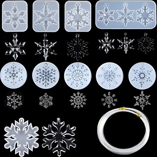 10 Pieces Snowflake Resin Molds with 50 m Nylon Rope, DIY Resin Casting Mould for Christmas Decorations and Crafts Necklace Earrings Pendants