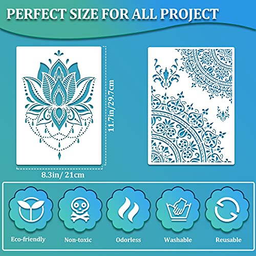 12 Pieces Large Mandala Stencil Reusable Mandala Painting Templates 8.3 x 11.7 Inch Floral Design Stencil Mandala Drawing Craft Stencil for DIY Wall, Tile, Furniture, Canva, Outdoor Indoor Decoration