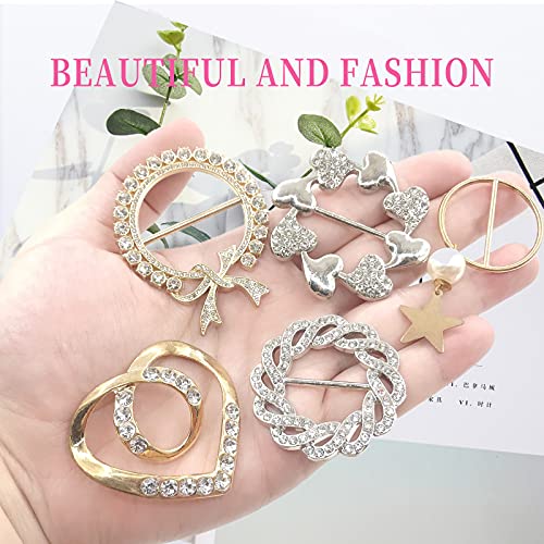 Scarf Tie Buckle Rings for Women,12PCS Metal Party T Shirt Pearls Rhinestone Clips,Clothes Corner Knotted Button for Women Girls Decorative Accessories TXZWJZ