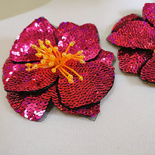 2 pcs Blue / Gold / Green Sequins Patch DIY Flower Beaded Patches for Clothes Sew On Paillette Embroidered Patch Motif Applique (Rose red)