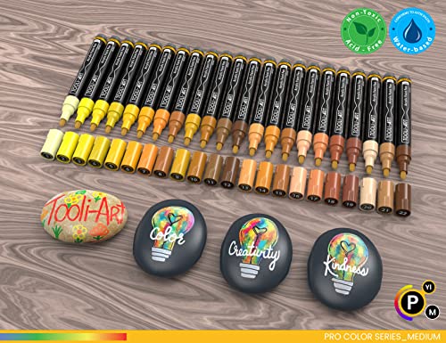 TOOLI-ART 22 Acrylic Paint Markers Paint Pens Pro Color Series Set 3mm Medium Tip for Rock Painting, Glass, Mugs, Wood, Metal, Glass Paint, Canvas, DIY. Non Toxic, Waterbased, Quick Drying (YELLOWS)