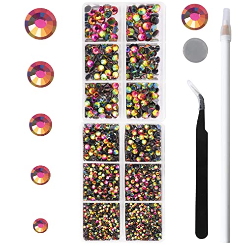 6616PCS Rainbow Hotfix Rhinestones Crystal Glass Gemstones for Tumblers Clothes Shirts Glitter Flat Back Round with Tweezers and Picking Pen (SS6~SS30 Set)
