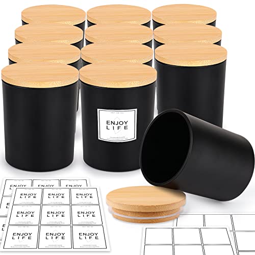 GOTIDEAL 12 Pack 6 OZ Frosted Black Candle Jars with Bamboo Lids for Making Candles Supplies, Bulk Empty Candle Containers Tins Small Glass Jars for Candle Soy Wax