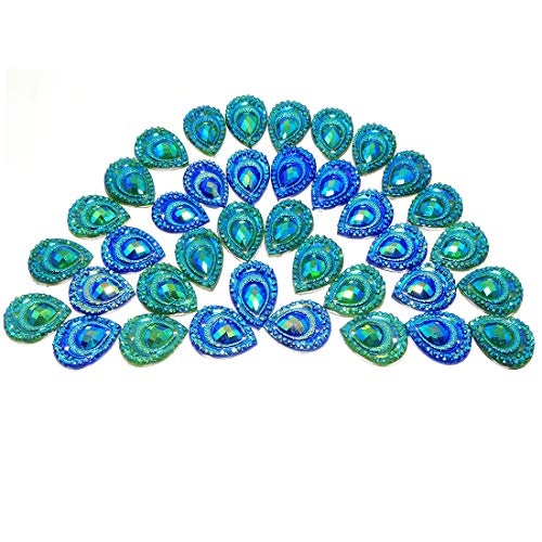 DZS Elec 50pcs Birdseye Water Drop Blue and Green Double Color Edge Drop Flat Bottom Resin Drop Peacock Feather Rhinestones Beads Sewing DIY Crafts Accessories