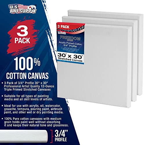 U.S. Art Supply 30 x 30 inch Stretched Canvas 12-Ounce Triple Primed, 3-Pack - Professional Artist Quality White Blank 3/4" Profile, 100% Cotton, Heavy-Weight Gesso - Acrylic Pouring, Oil Painting