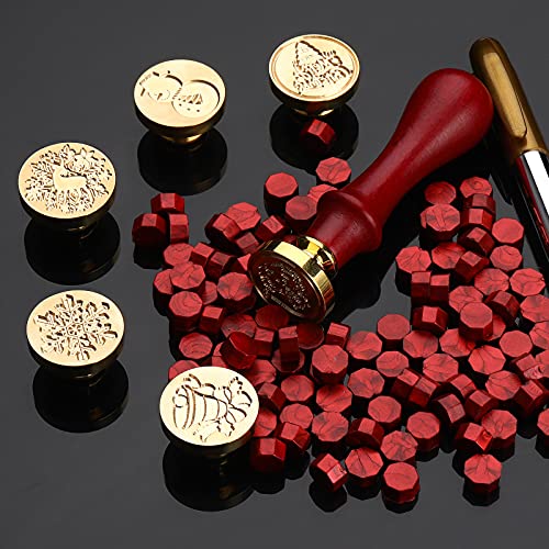 208 Pieces Christmas Wax Seal Stamp Kit, Include 6 Pieces Wax Stamp Brass Heads with Wooden Hilt, 200 Pieces Sealing Wax Beads and Gold Marker Pen for Holiday Decorations (Santa Patterns)