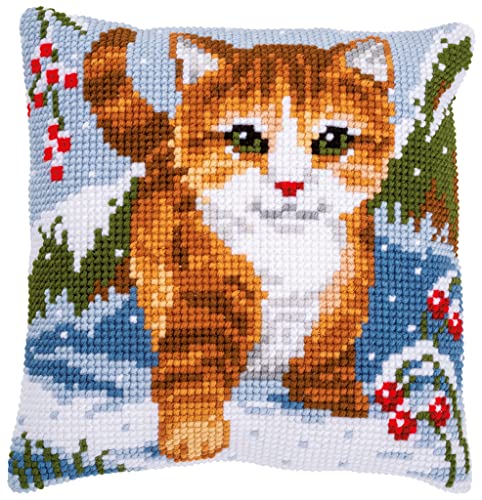 Vervaco Cross Stitch Embroidery Kits Pillow Front for Self-Embroidery with Embroidery Pattern on 100% Cotton and Embroidery Thread, 15,75 x 15,75 Inches - 40 x 40 cm, Cat Snow