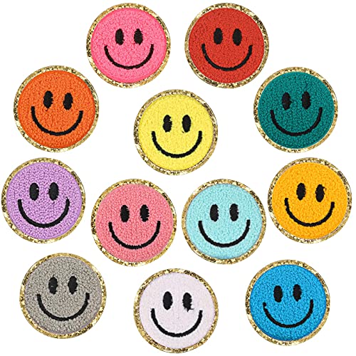 12 Pcs Smile Face Patch Iron On Patches Happy Face Chenille Patches for Clothes Dress Jackets Smile Patches for Hats Cute Embroidery Patch DIY Craft Applique (2.8 Inch)
