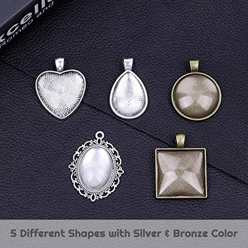 Anezus 60Pcs Pendant Trays, Bezel Pendant Trays Blanks with Glass Cabochons for Pendants Making and Jewelry Making, 5 Styles