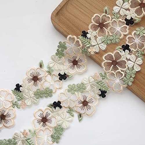 Organza 3D Flower Lace Trim , Green and Beige Embroidery Floral lace Ribbon for Dress /Wedding/Bridal DIY Sewing Decoration,2Yard