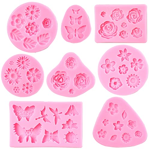 Flower Fondant Molds - 8 Pcs Flower and Butterfly Candy Silicone Molds for Chocolate Fondant Polymer Clay Soap Crafting Projects & Cake Decoration