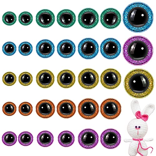 150 Pcs Glitter Large Safety Eyes for Amigurumi 12/16/20 mm Stuffed Animal Eyes Plastic Craft Crochet Eyes for DIY of Puppet, Bear Crafts, Toy Doll Making (Green, Purple, Blue, Champagne, Golden)