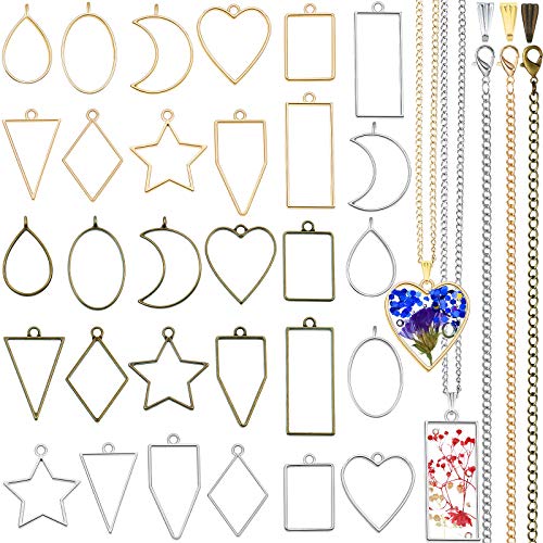 60 Open Bezels for Resin Set, 30 Pcs 10 Styles Open Bezel Pendant Charms with 15 Chain Necklace and 15 Metal Pinch Bails for Jewelry Making Resin Necklace DIY
