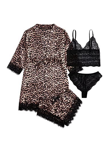 WDIRARA Women' Silk Satin Pajamas Set 4pcs Lingerie Floral Lace Cami Sleepwear with Robe Black Leopard XS