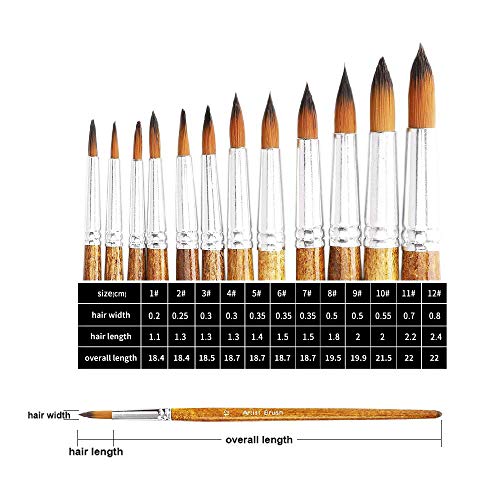 FENORKEY Artist Watercolor Paint Brushes, Round Pointed Tip Paint Brushes Set, 12pcs Different Sizes Detail Paint Brush for Watercolor, Acrylics, Ink, Gouache, Oil, Tempera (Brown)