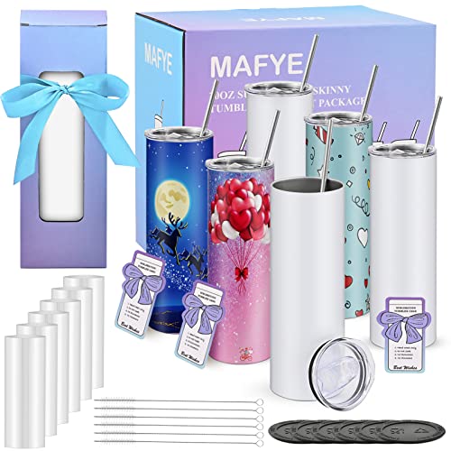 Sublimation Tumblers, MAFYE 6pack 20 oz Skinny Straight Tumbler with Straw Lids, Sublimation Shrink Wrap & Tumbler Care Cards Sublimation Blanks Product Stainless Steel Tumbler for Mug Press, Gift Box