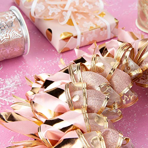 VATIN Christmas Tree Wrap Around Decor Ribbon, Craft Ribbon Wired, Blush Pink, Rose Gold Swirl Sheer Glitter Ribbon for Gift Wrapping 48 Yards (Set of 8) by 2.5 Inch-Valentines Day Wired Ribbon