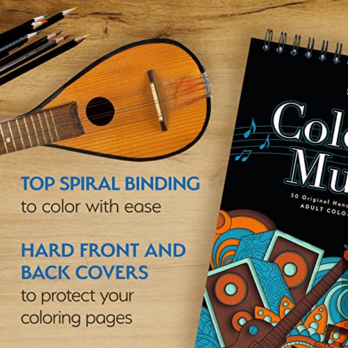 ColorIt Colorful Music Spiral Bound Adult Coloring Book, 50 Original Designs with Perforated Pages, Lay Flat Hardback Book Cover, Ink Blotter Paper | For Arts and Crafts, Coloring Books for Adults