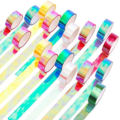 Holographic Colored Masking Tape Set, KISSBUTY 20 Rolls Rainbow Masking Tapes Translucent Labelling Tapes Decorative Waterproof Adhesive Iridescent Graphic Art Tape for Arts DIY Office Supplies