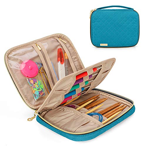 YARWO Crochet Hook Case, Travel Organizer Holder for Crochet Hooks, Circular Knitting Needles, Knitting Needles (up to 8") and Other Supplies, Teal (Bag Only, Patented Design)