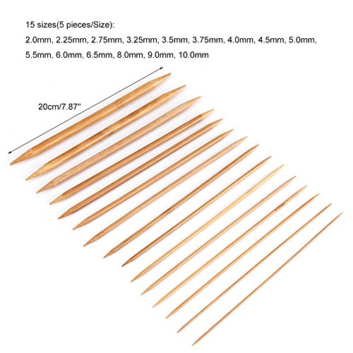 75pcs/Set Knitting Needles Kit, Carbonized Bamboo Double Pointed Needles in 15 Sizes 20cm/7.87in (2.0mm-10.0mm)