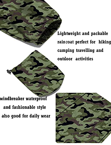Avoogue Lightweight Raincoat Women's Waterproof Windbreaker Packable Outdoor Hooded Rain Jacket Army Green Camouflage XXL