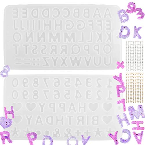 Small DIY Silicone Resin Mold for Letters, Tomorotec Outgeek Number Alphabet Jewelry Keychain Casting Mold with 200 pcs Screw Eye Pins