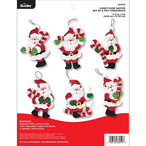 Bucilla Felt Applique 6 Pc. Ornament Kit, 3.5" x 5", Candy Cane Santa