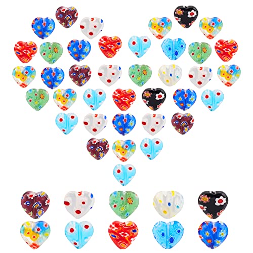 PH PandaHall Lampwork Flat Heart Glass Beads, 80 Pcs 8 Colors 12mm Millefiori Spacer Beads Love Heart Bead Charms for DIY Jewelry Bracelet Neclace Valentine's Mother's Day Birthday Gift