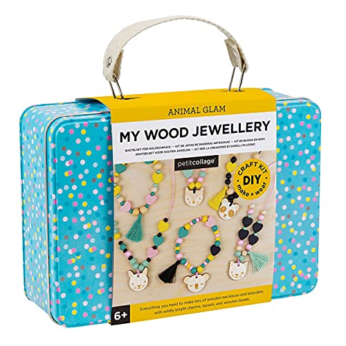 Petit Collage Animal Glam Wood Jewelry Set Craft Kit– Activity Set to Make Charm Bracelets and Necklaces for Women – Creative Toys for Ages 6+ – Ideal Crafts for Kids