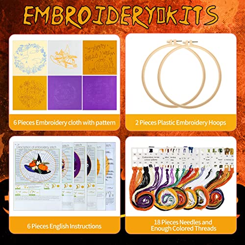 6 Sets Christmas Embroidery Kit with Pattern and Instructions Embroidery Starter Kit Embroidery Pattern Hoop Colored Threads Needlepoint Kit for Beginners Adults Embroidery Supplies (Pumpkin)