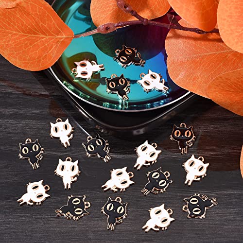 LiQunSweet 60Pcs 2 Colors White & Black Cat Alloy Enamel Small Charms Dangle Pendants for Halloween Bracelet Necklace DIY Jewelry Making - 19x14.5mm