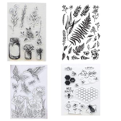 Welcome to Joyful Home 4pcs/Set Hummingbird Plant Leaves Wishing Bottle Flower Rubber Clear Stamp for Card Making Decoration and Scrapbooking