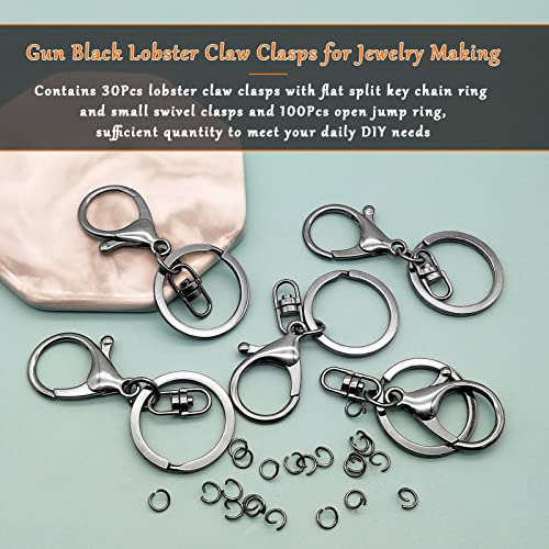 30Pcs Lobster Claw Clasps for Keychain Making,Metal Lobster Clasp Swivel Trigger Clips with Swivel Clasps Hook Flat Split Keychain Ring 100Pcs Open Jump Ring for DIY Craft Jewelry Making(Gun Black)